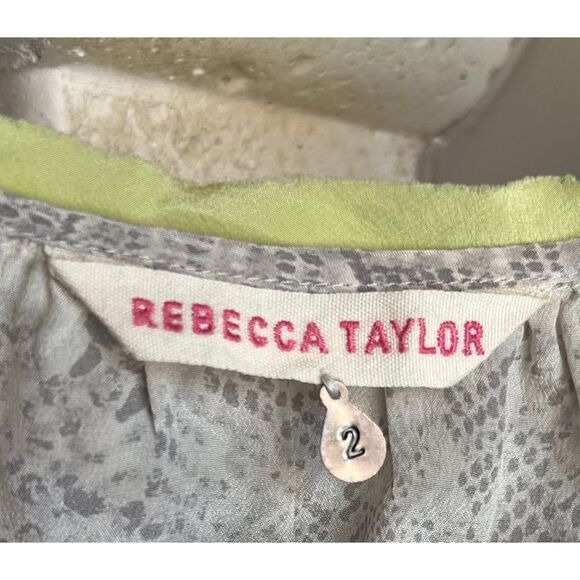 Rebecca Taylor Python Print Silk Blouse Fluorescent Neck Tie Grey Off White Sz 2 - Picture 7 of 10